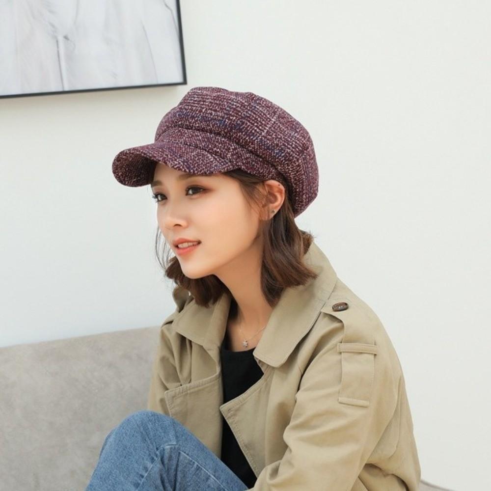 Wollene Britische Baskenmützen Ohrenschutz Künstlerhut Elegante Karierte Achteckige Mütze Winter
