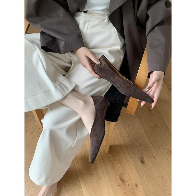 Retro pointed suede single shoes women's autumn and winter versatile one-pedal shallow mouth commuter work shoes