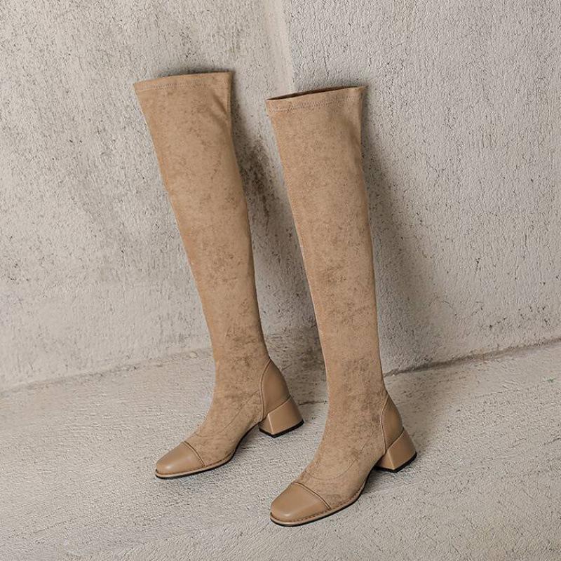 Korean version of the new suede over-knee boots solid color round head square heel sleeve leather boots autumn and winter comfortable rubber sole Mar