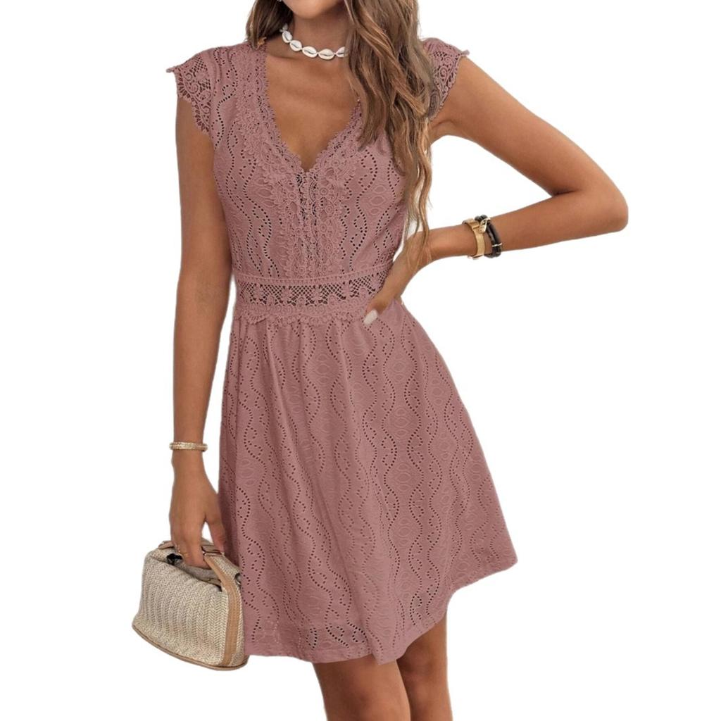 Europe, America 1011 summer new knitted jacquard hollow V-neck elastic lace short dress dress women