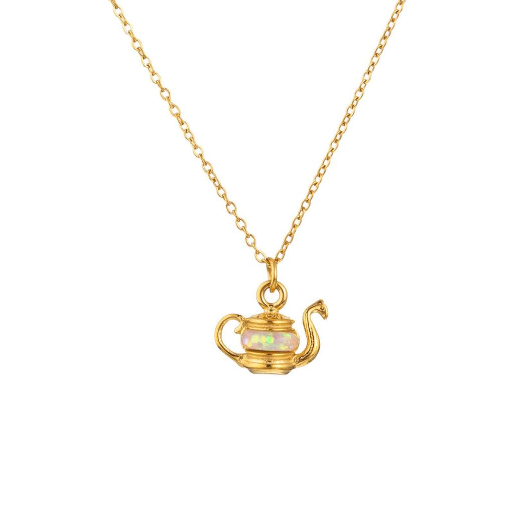 18K Gold-Plated Stainless Steel Opal Aladdin's Lamp Pendant Necklace for Women