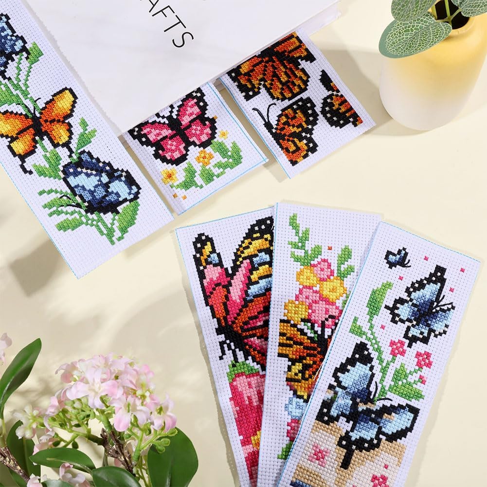 ORIGACH 6 Pcs Cross Stitch Bookmark Kit for Beginner Adults, Butterflies and Flowers Stamped Embroidery Bookmark Kit with Instruction for Starters