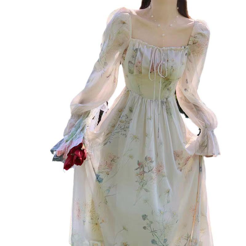 2025 Floral Chiffon Tea Dress: Sweet Long Sleeve French Princess Style