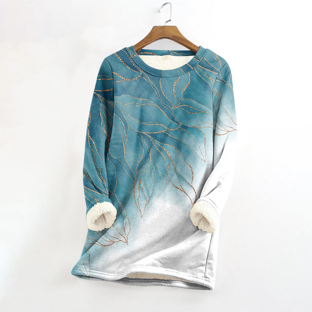 Dame Rundhals Topp Trykk Fortykket Plysj Kasjmir Varm Lang Topp