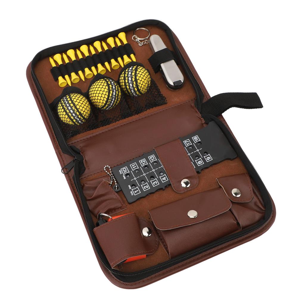 6 in 1 Golf Accessory Bag PU Leather with Tees Scorer Divot Tool Ball Clamp Brush Golf Essentials Storage Case for Gift