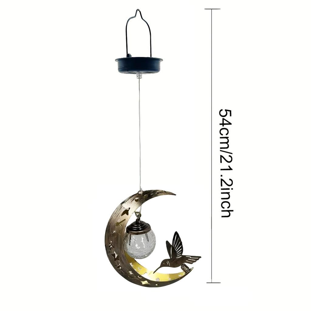 Solar-powered Moon-shaped Lantern with Hummingbird and Glass Ball Decorations, Suitable for Outdoor Garden and Patio Decorations