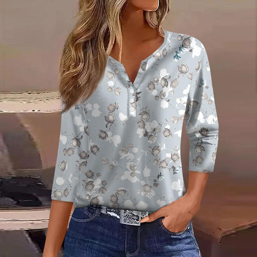 Women's T Shirt Tee Print Button 3/4 Sleeve Tunic Daily Weekend Fashion Basic V- Neck Regular Top