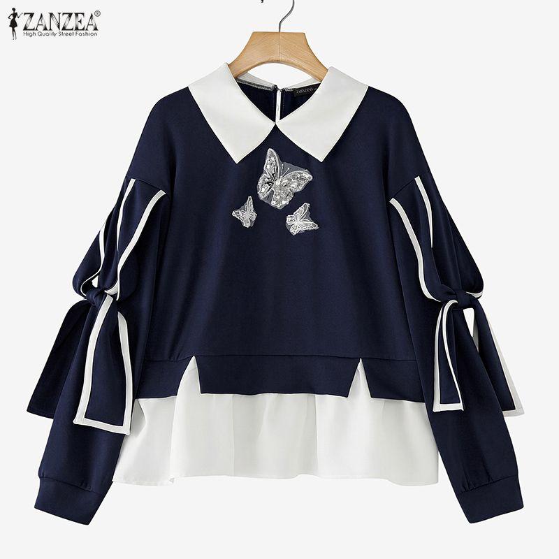 ZANZEA Damska bluzka na co dzień z kołnierzykiem i długim rękawem