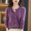 Women's Korean Style Cashmere Cardigan - Round Neck, Long Sleeve, Loose Fit, 100% Wool Knit Top for Spring/Autumn