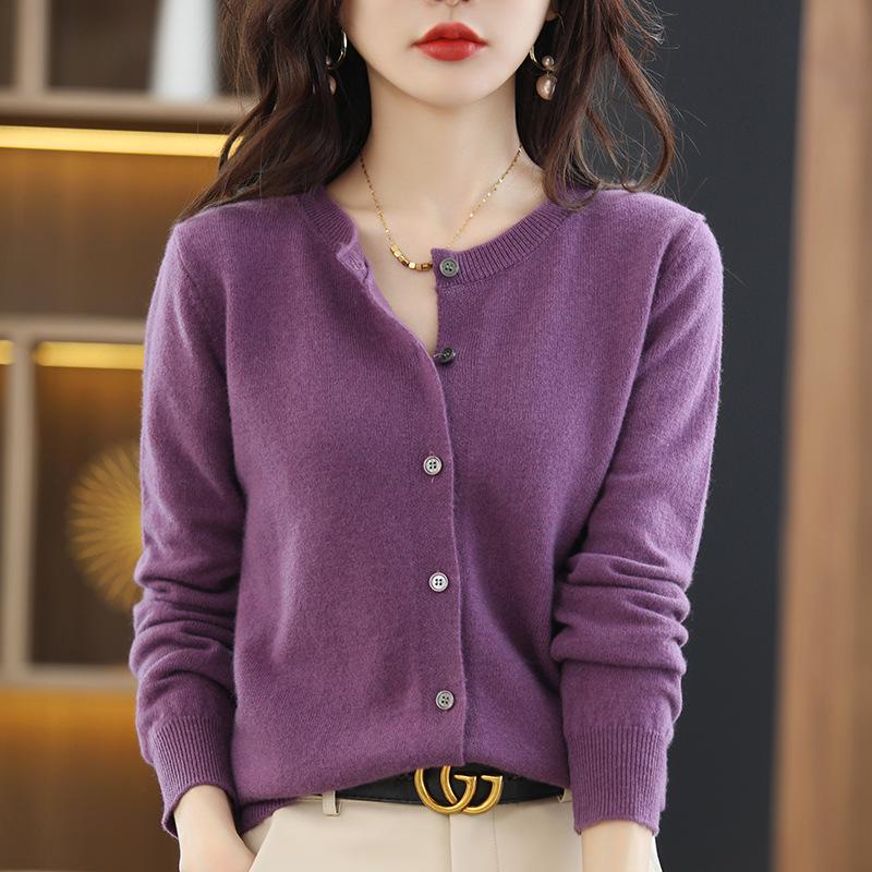 Women's Korean Style Cashmere Cardigan - Round Neck, Long Sleeve, Loose Fit, 100% Wool Knit Top for Spring/Autumn