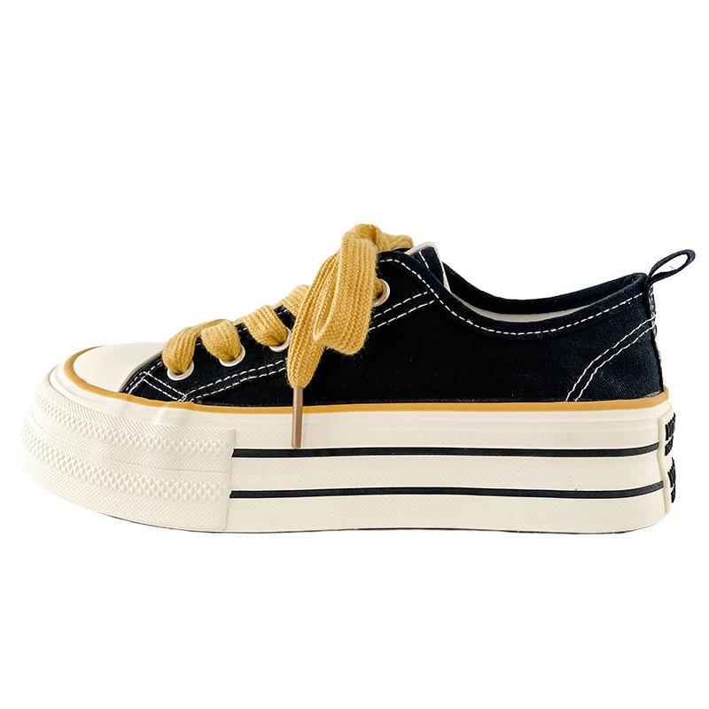 Dikke Bodem Canvas Schoenen Dames Ronde Neus Platte Veters Dubbele Band Veelzijdig Dunne Zool Board Schoenen Ademend Laag Uitgesneden Casual