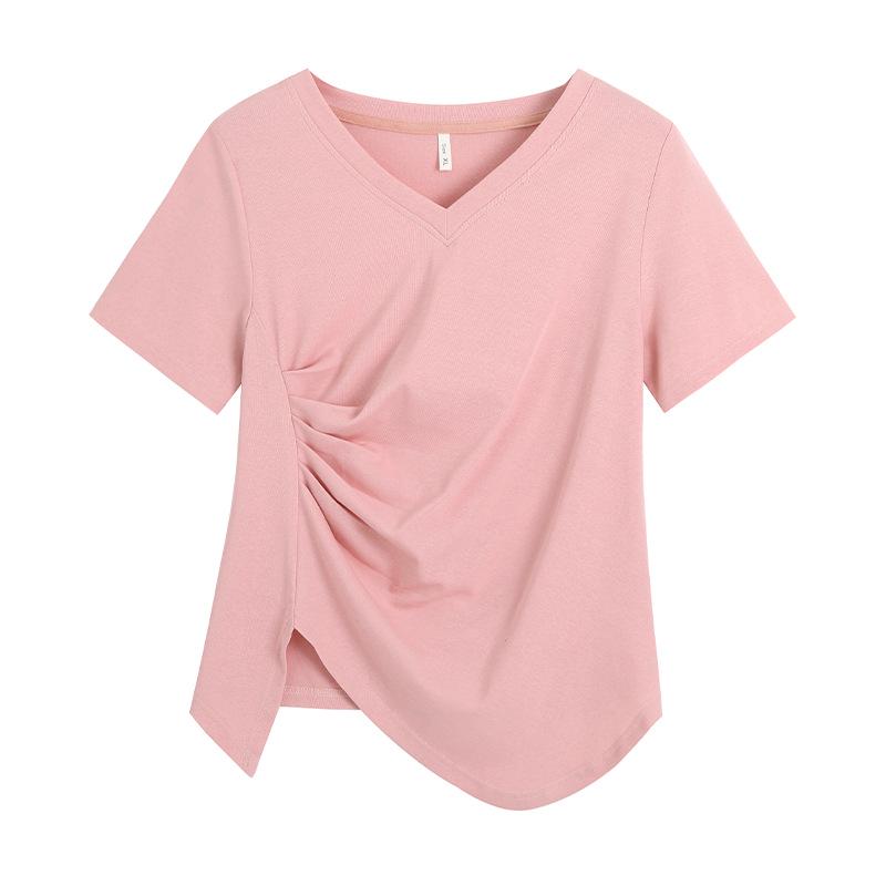 

Women s Plus Size V-neck Short Sleeve Shirred Irregular T-shirt 2XL (for 140-160 jin) розовый