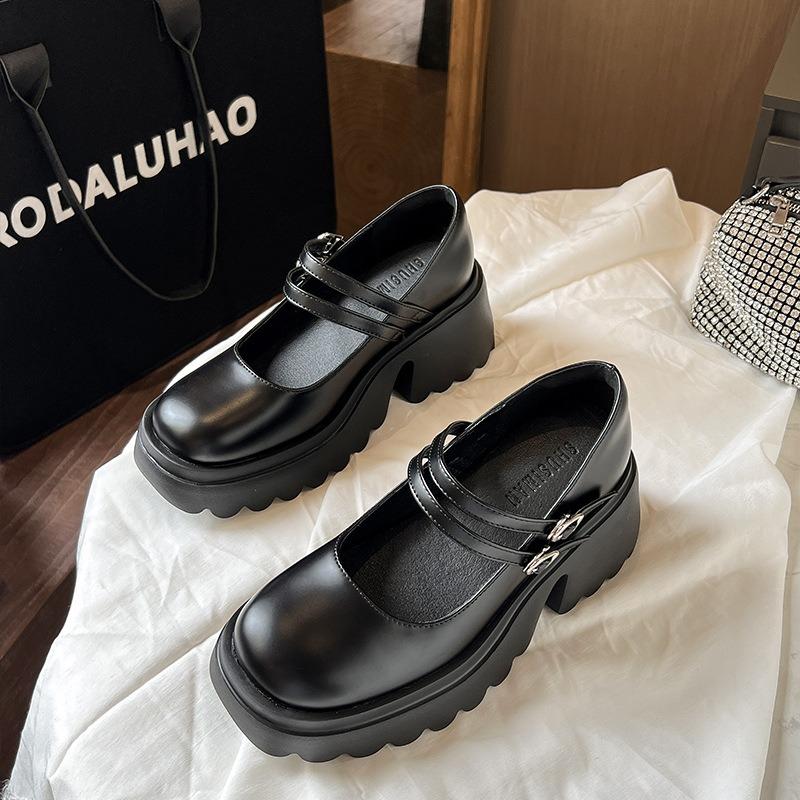 

New Spice Girl outfit high heels small leather single shoes retro Mary Jane platform casual sexy woman 34 чёрный