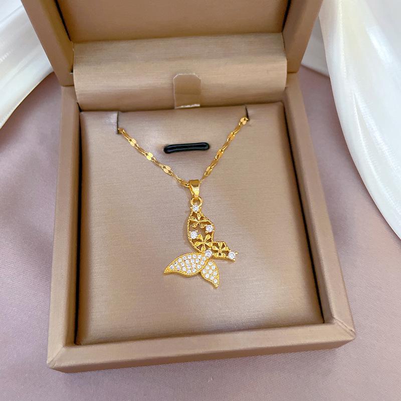 Luxurious Butterfly Necklace: Zirconia-Encrusted Titanium Steel with Gold-Plated Copper Pendant, Light Luxury Design