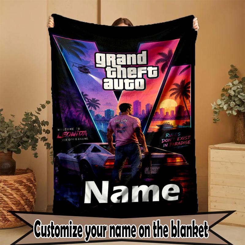 Custom Name Personalized Grand Theft Auto VI Print Blanket, Home Decor, Bedroom, Sofa, Camping, Couch, Gifts for Birthday Christmas