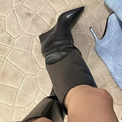 Mode 7cm Hak Sleehakken Herfst Zacht Leer Puntige Neus Kniehoge Laarzen Dames Mode Schoenen Street Style Mordern Lange Botas Mujer