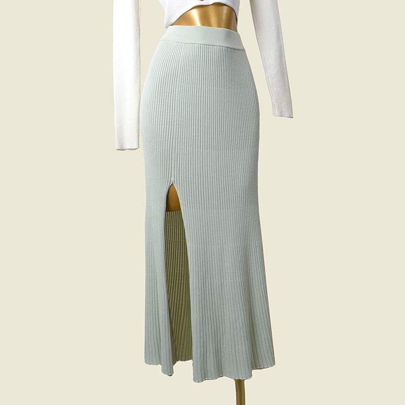 Fashion Style Square Collar Long Sleeve High Waist Short Knitwear + High Slit Sunken Stripe A- Line Skirt Two-piece Set Pack