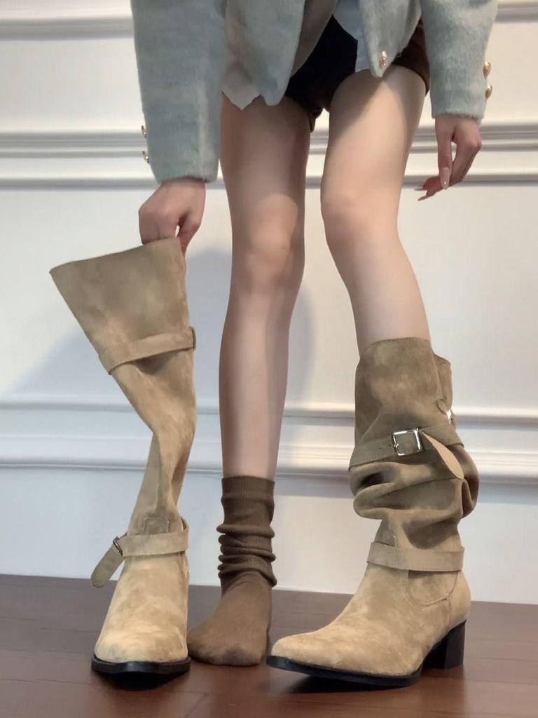 2025 Western Cowboy Knight Boots by Gu Qianqian – Chunky High Heel, Pointed Toe, Long Style