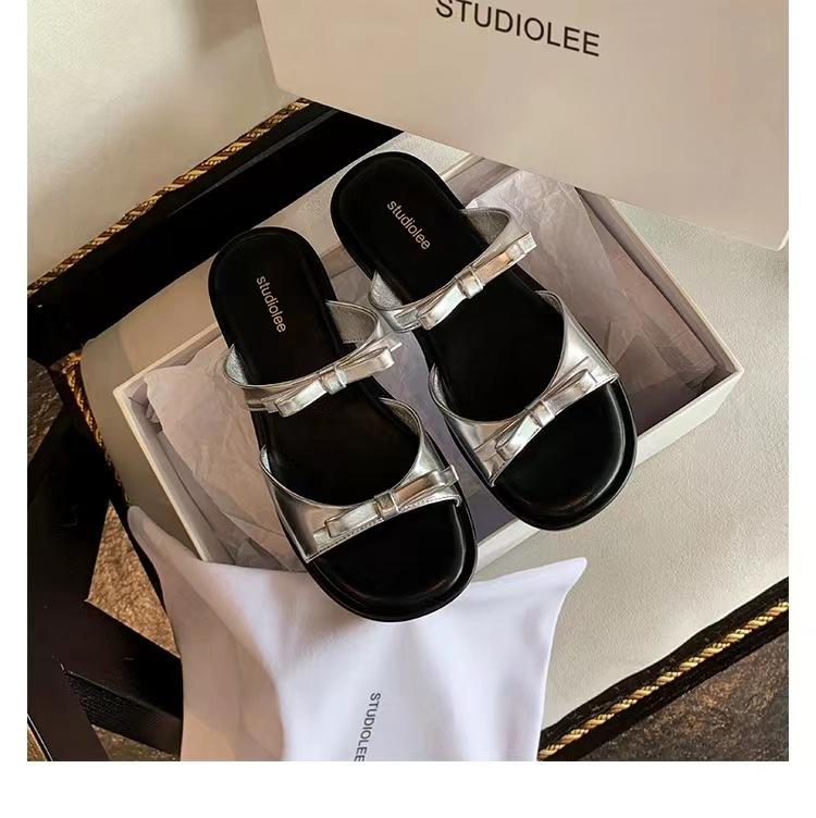 Fashion Summer Women Elegant Bow Square Toe Open Toe Low Heel Sandals Slip on Soft-soled Casual Simple Beach Slippers Sandalias Mujer