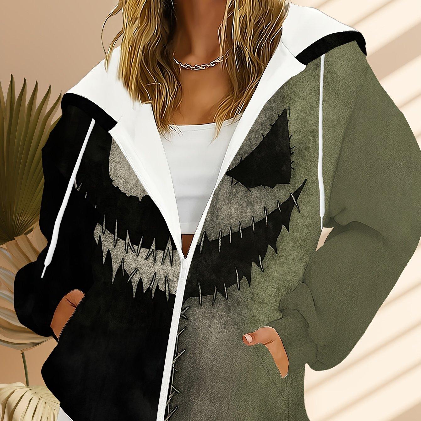 Women s Zipper Sweatshirt, Casual and Comfortable Women s Halloween Pumpkin Ghost Face Hooded Zipper Sweatshirt, Trendy and Cool for the Street S