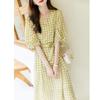 Deme Women's Retro Polka Dot V-Neck Lantern Sleeve Chiffon Midi Dress