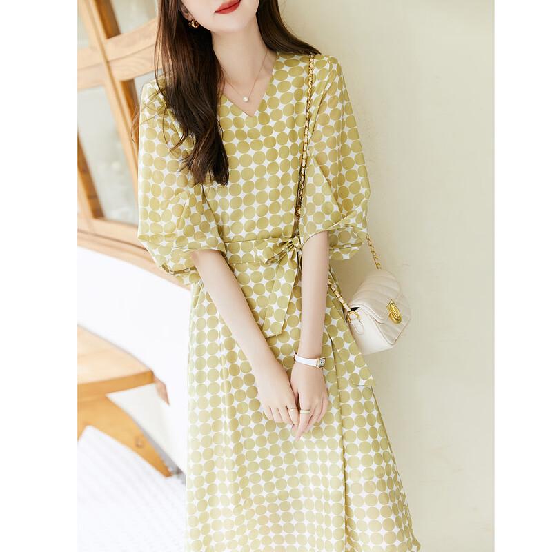 Deme Women's Retro Polka Dot V-Neck Lantern Sleeve Chiffon Midi Dress