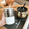 High-End American-Style Glass Coffee Cup with Straw and Lid - Anti-Scald, Perfect for Office Use