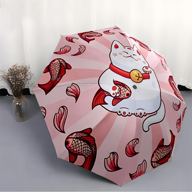 1pc Maneki Neko Fishes Automatic Umbrella   Auto Open/Close Folding Umbrella with  8 Rib Frame, 3 Fold Compact Umbrella for Men & Women, 137