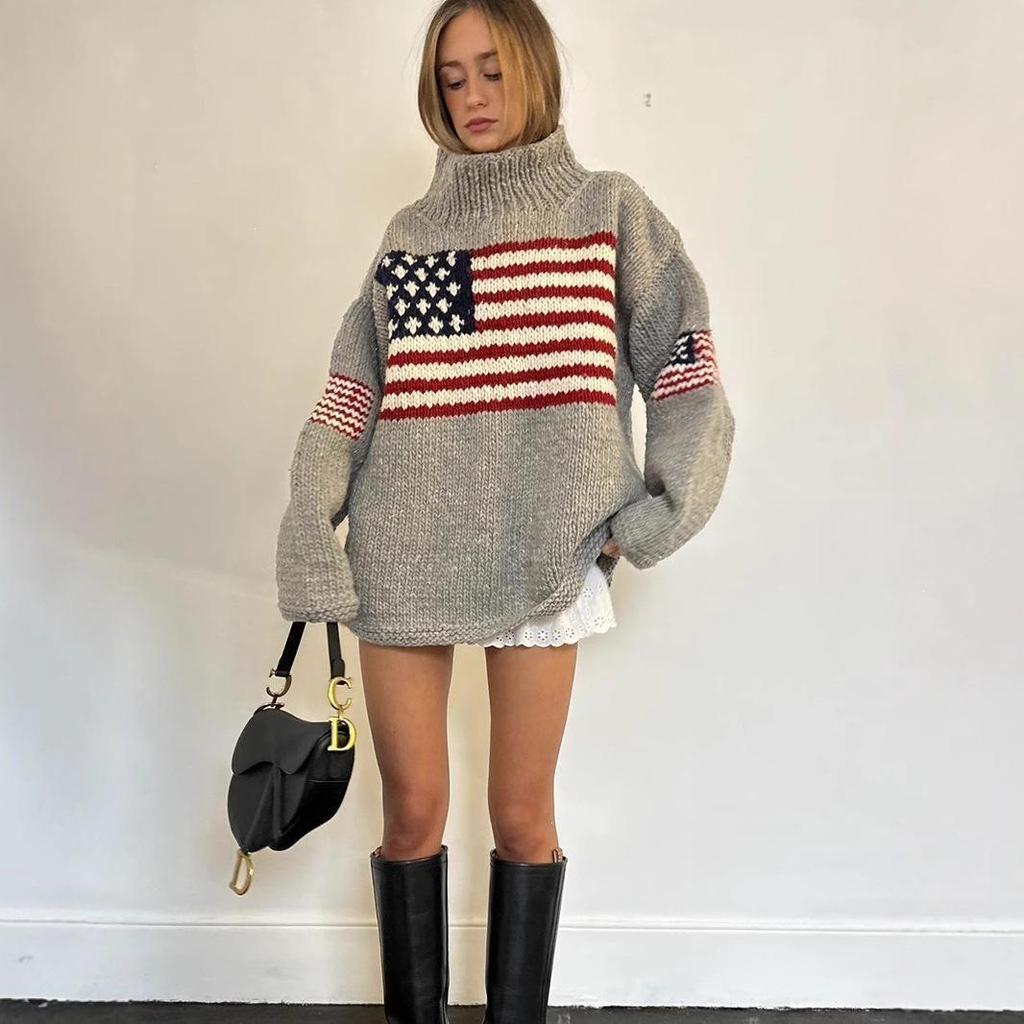 Y2K Plus Size Knit National Flag Jacquard Sweater - Retro Street Style, Loose Fit, Warm for Autumn/Winter.