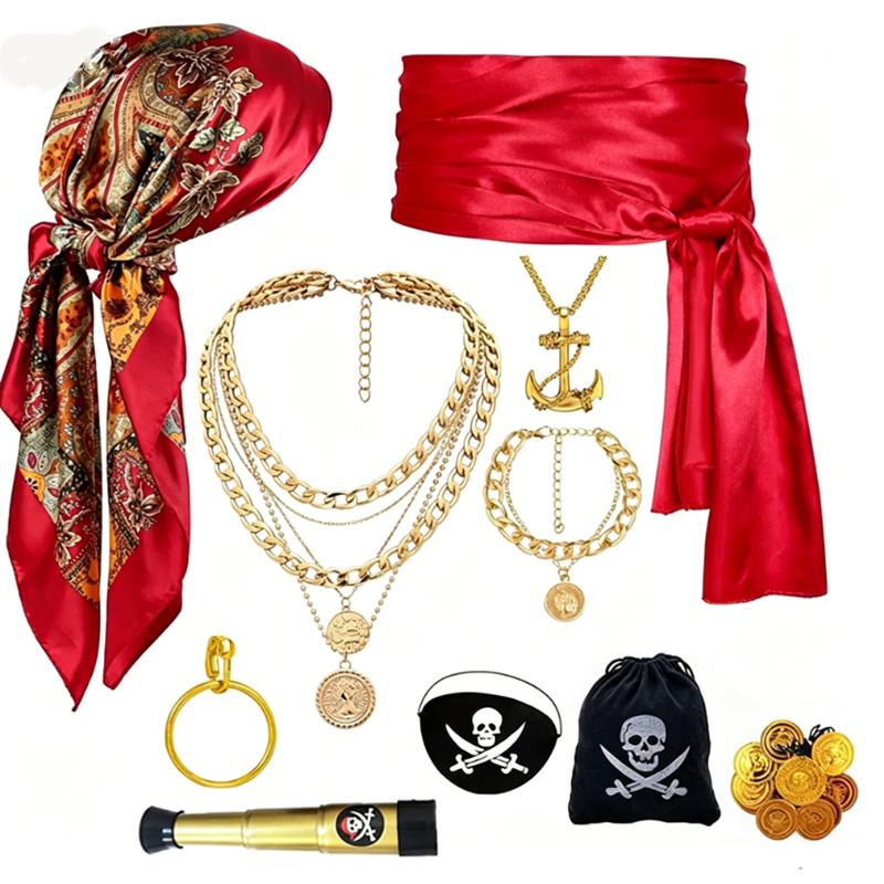 10pcs/set Pirate Cosplay Accessory Set, Head Scarf Belt Necklace Bracelet Kit for Halloween Party Dress-up