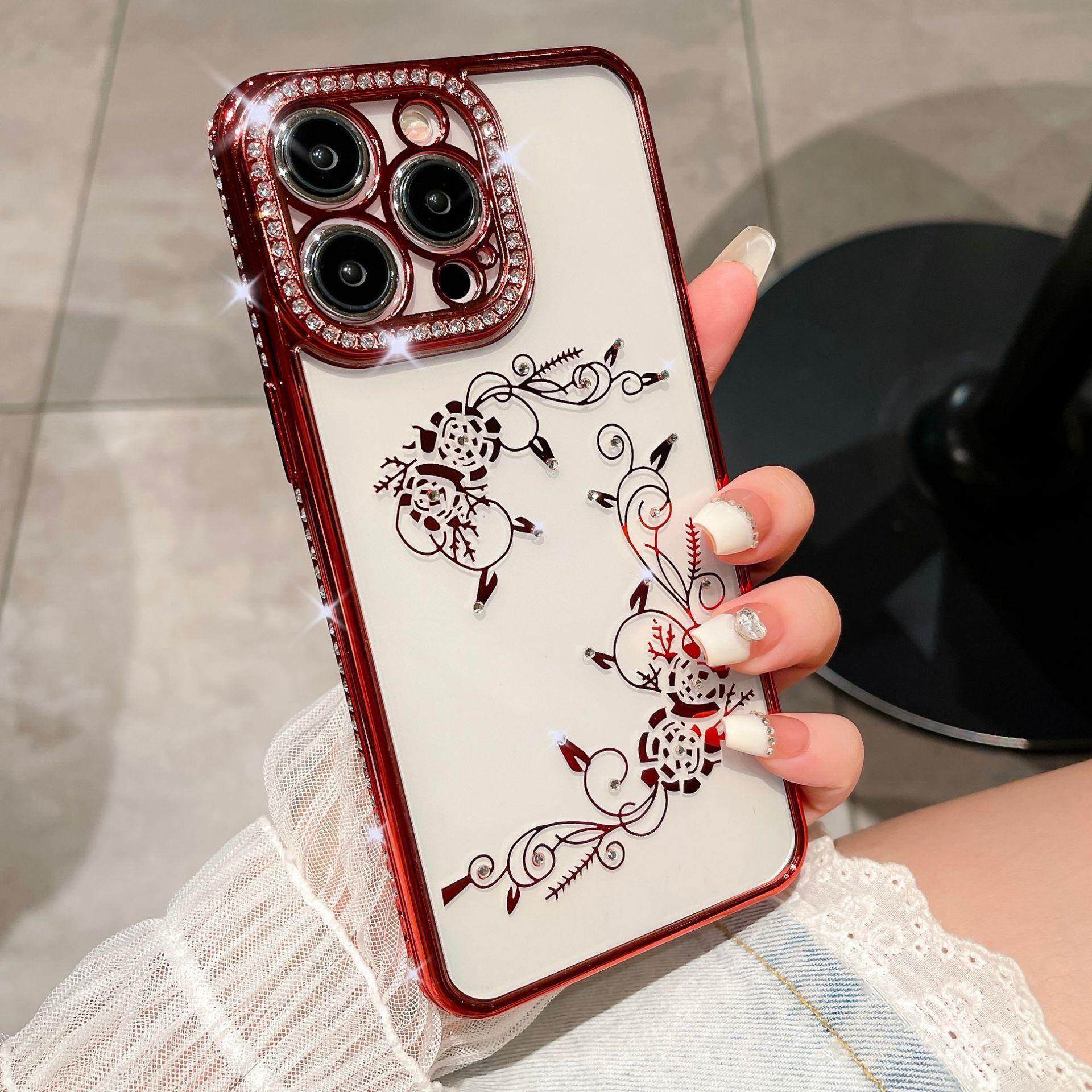 

Применимый чехол для мобильного телефона iPhone15PRO со стразами и розой Apple 14 гальванизированный ТПУ с бриллиантами всесторонний 13 защитный чехол iPhone12 ярко-красный