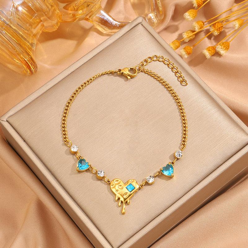 Titanium Steel Necklace, Bracelet, Earrings, Ring, Luxury-style Set with Sparkling Diamonds, Heart-shaped Design