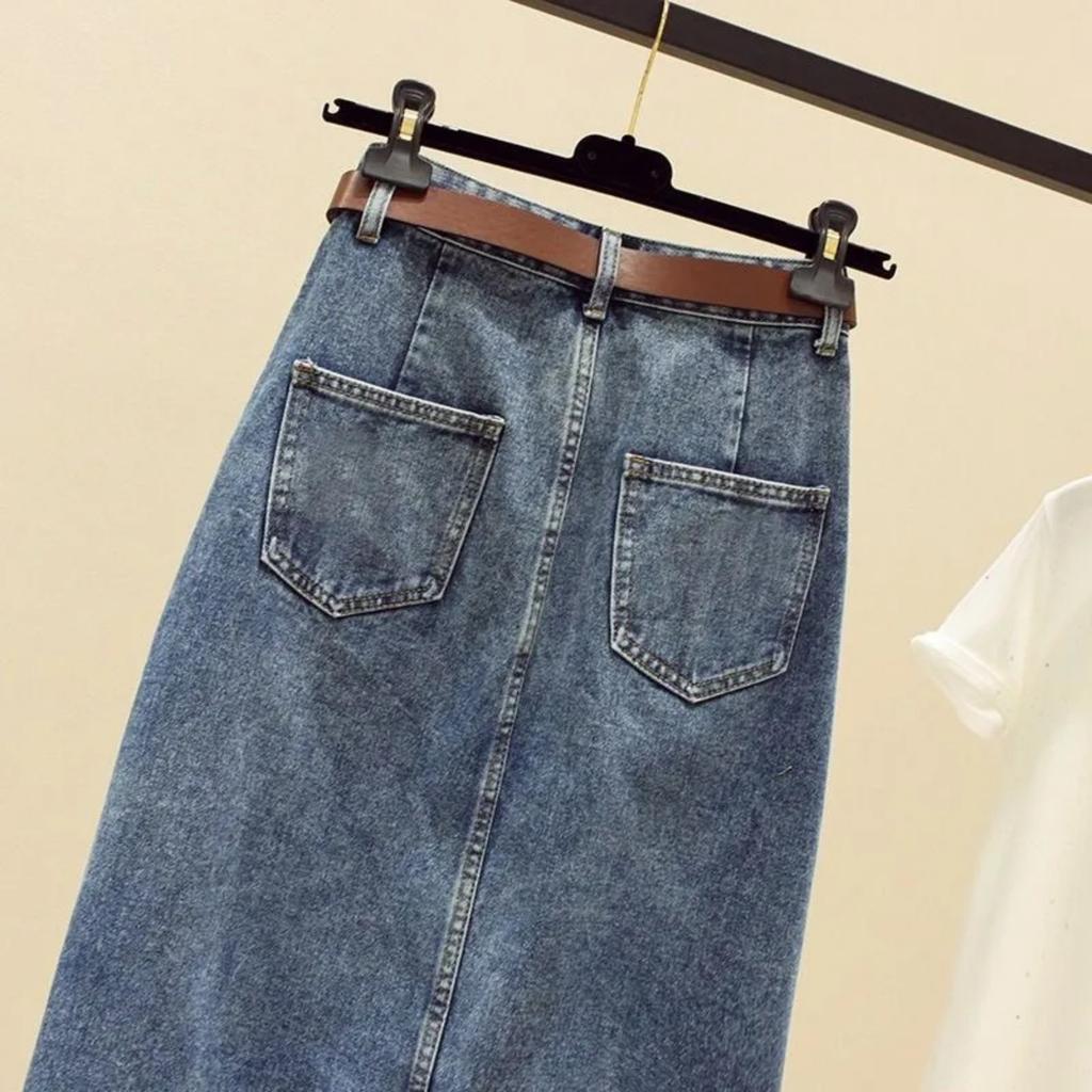 Retro Slit Denim Skirt Mid-length Summer Hip-wrapped High-waisted A-line Embroidered Skirt For Slimming
