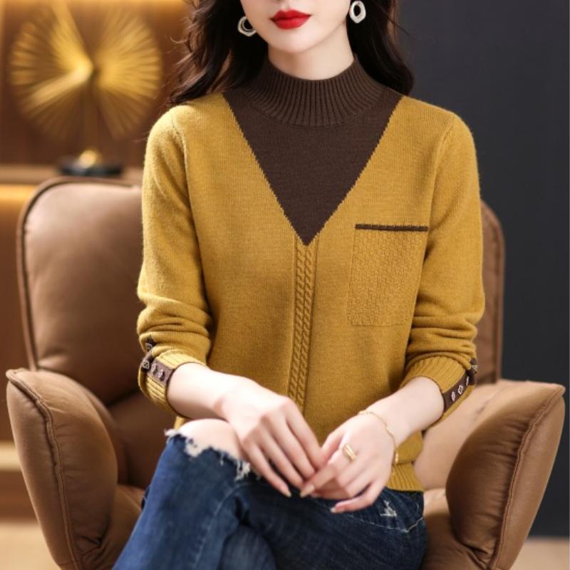 Women Vintage Splicing Panelled Sweaters Autumn Winter Fashion Mock Neck Long Sleeve Casual Slim Knitted Pullovers