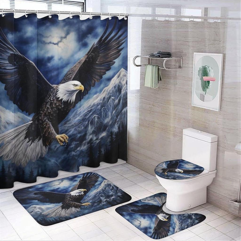 Balkabağı Kartalı Duş Perdesi Setleri Halılarla 4 Parça, Banyo Tuvalet Banyo Paspası için Dekor, 3D Baskı, Mavi Soyut Yabani Hayvan Vatansever Kuş Polyester