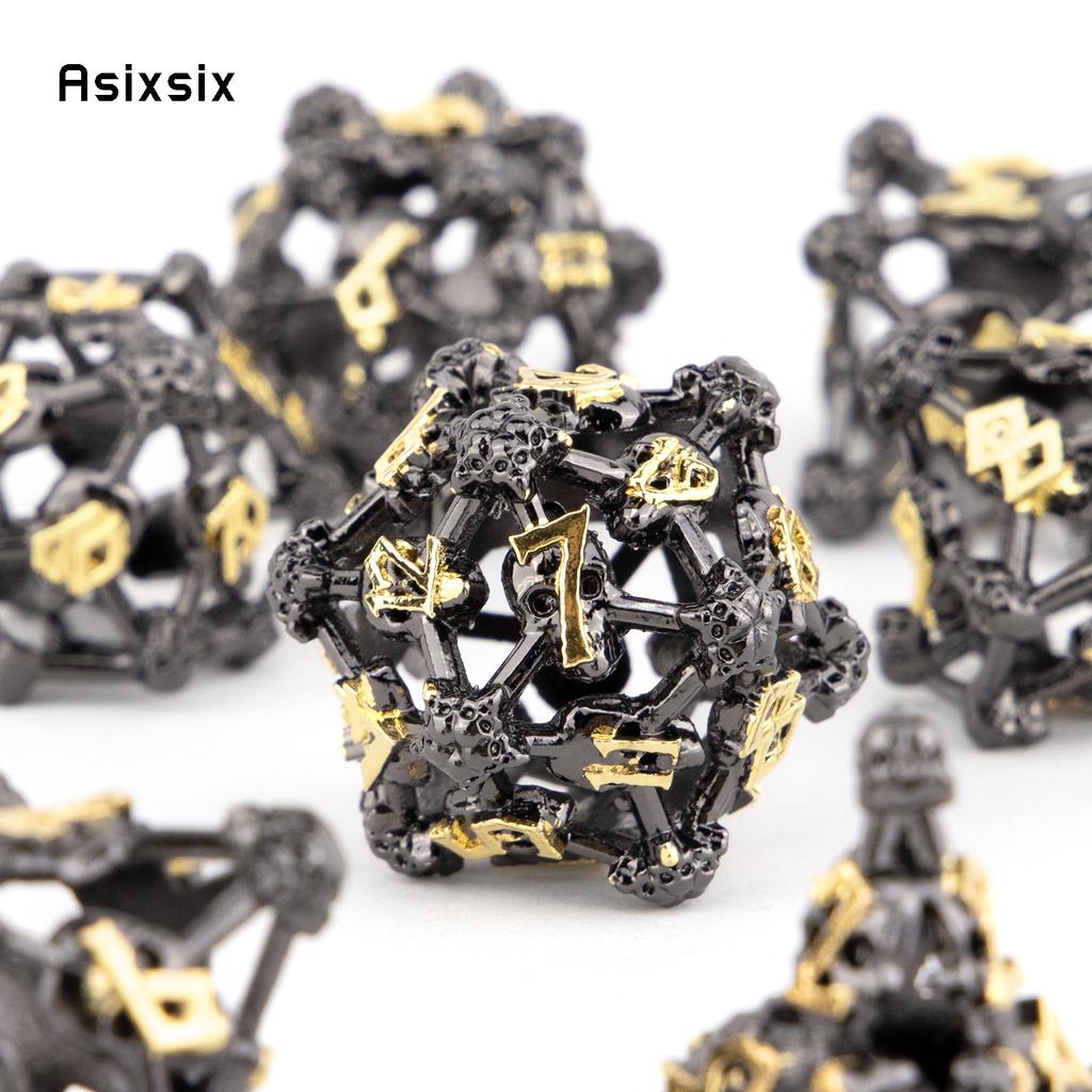 7 Pcs Black Yellow Skull Head Metal Dice Hollow Metal Polyhedral Dice Set Suitable for Role-Playing RPG  Board Game Card Game