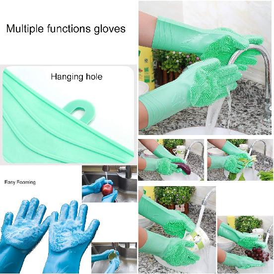Dishwashing Gloves Silicone Reusable 2 sided Foaming Heat Resistant Scrubber for Kitchen 1 Pair