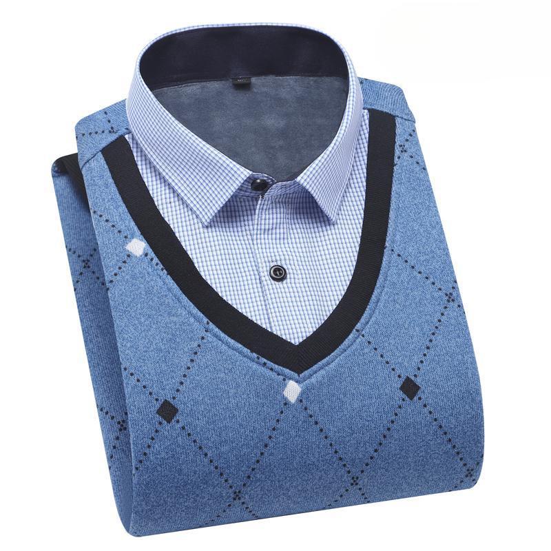 Autumn and Winter Velvet Thickened Fake Two Men's Long-sleeved Shirt Collar Pullover Sweater Casual Warm Knitted Sweater