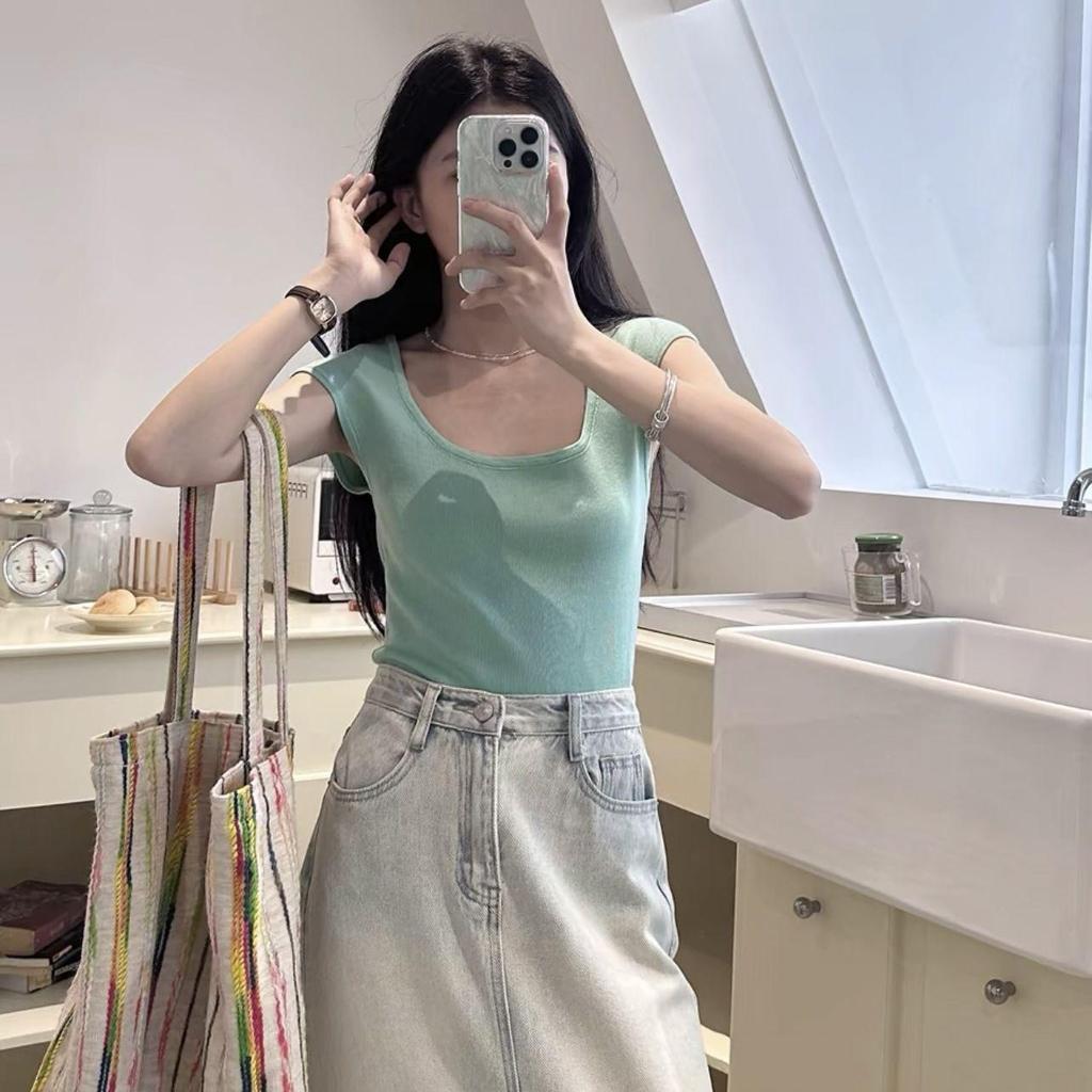 2025 Summer Women's Square Neck Short Sleeve Knit T-Shirt: Spicy Slimming Base Top