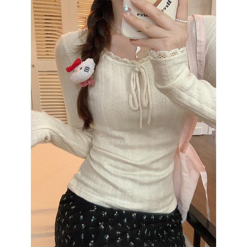 Frühling Herbst Spitze Patchwork Bandage Pullover Damen Langarm Süßes T-Shirt Damen Einfarbig Unten Gestricktes Oberteil