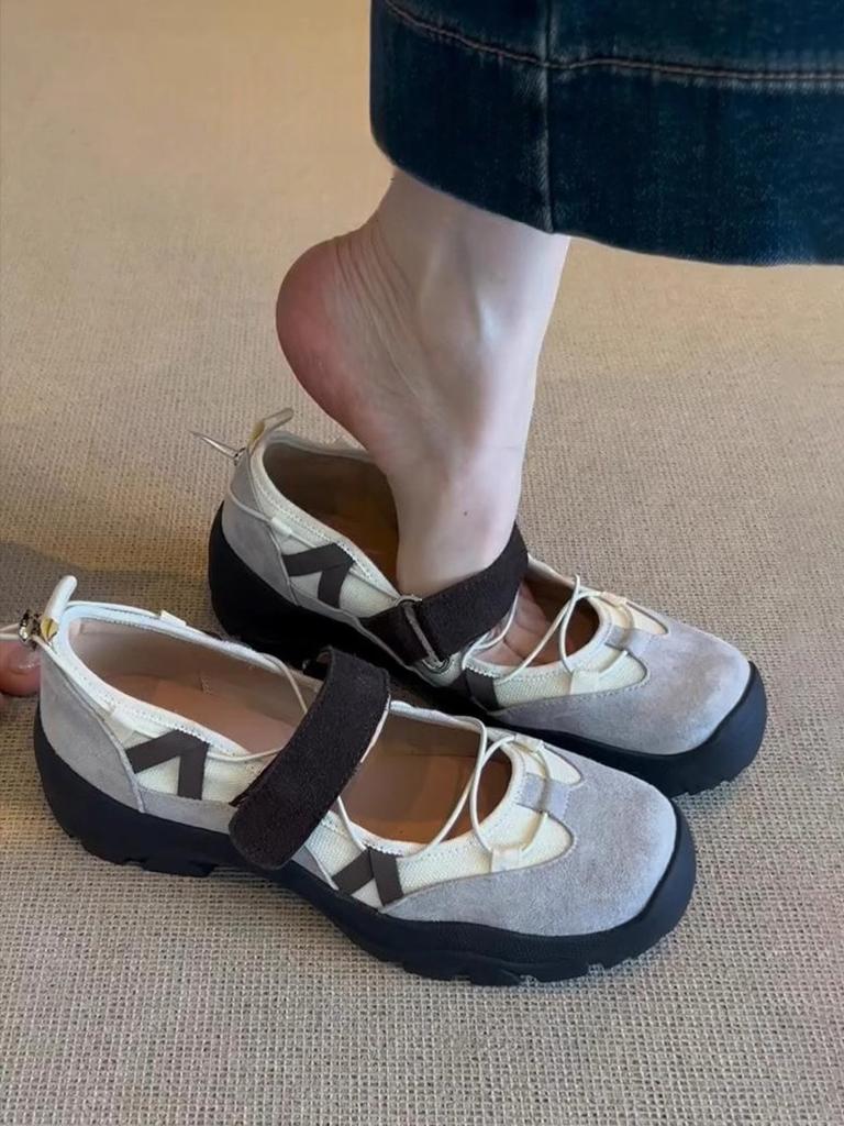 Thick-soled Sports Velcro Shoes for Women, Retro Soft Leather, Versatile Single Shoes