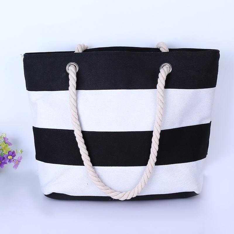 Borsa a Spalla in Corda di Canapa e Tela Super Minimalista Versatile - Ecologica, Design a Strisce da Spiaggia Patchwork