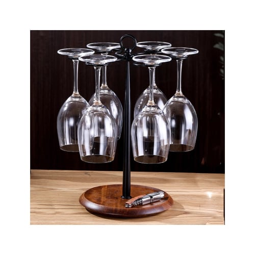 Wine Glass Rack, Tabletop Wine Glass Rack, Standing Countertop Organizer, Metal Wine Glass Rack with Wooden Base, Holds 6 Glasses (Black)
