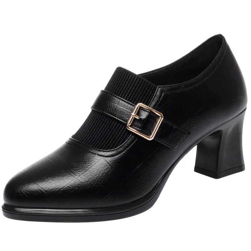 6cm Comfortable Deep Mouth Soft Leather Shoes Women Pumps 2025 Spring Med Block Heels Shoes for Office Mom Model Daily