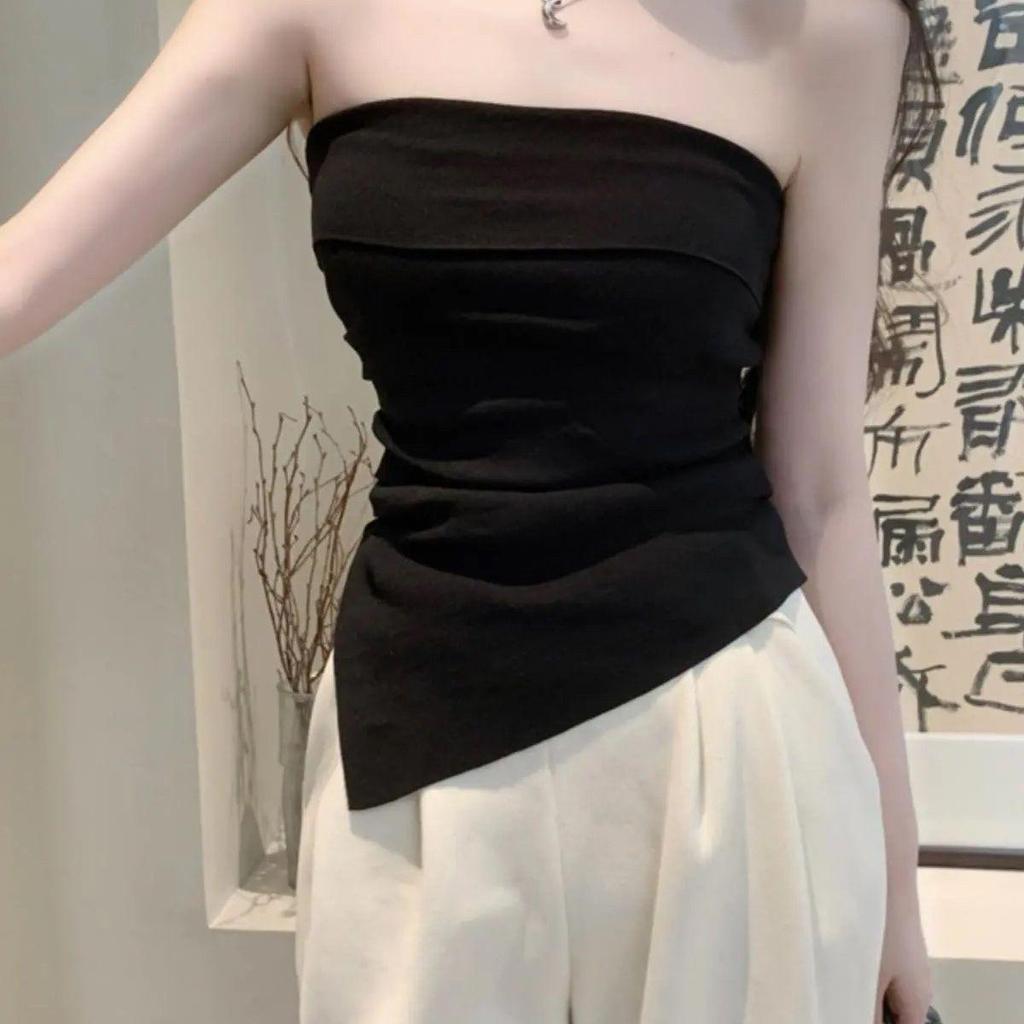 Nieregularny crop top w koreańskim stylu na jedno ramię - Szykowny letni bandeau bez rękawów