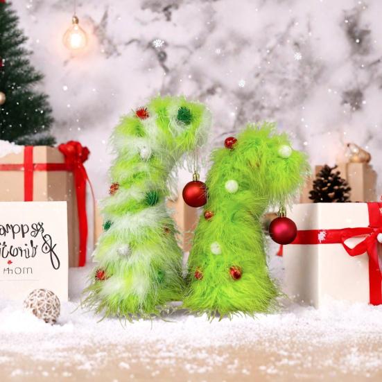 2 Pcs Green Furry Christmas Tree Faux Fur Plush Christmas Tree Tabletop Centerpiece with Red Xmas Ball for Home Party Holiday Decor