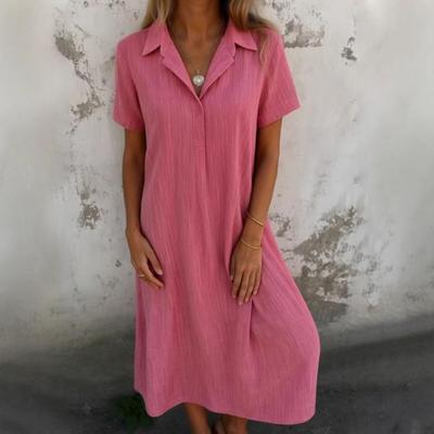 Summer Casual V-Neck Short Sleeve Sundress Women Cotton Linen Midi Swing Dress A-Line Flowy Beach Outfits
