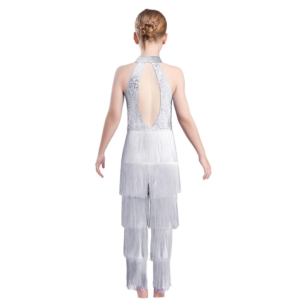 Mädchen Halter Ärmellos Rückenfrei Pailletten Stufig Quaste Tanz Jumpsuit Cha cha Latein Kostüm