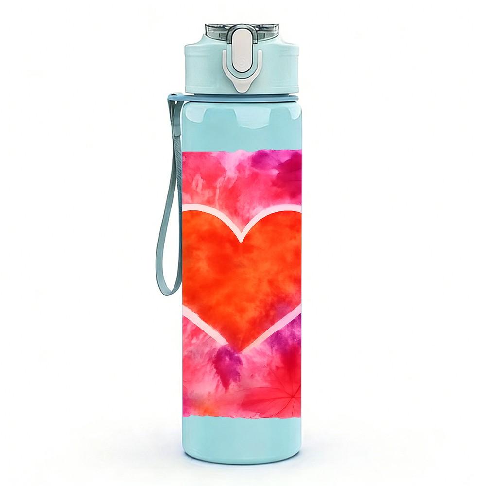 1PC Red Orange Glowing Heart Shape Print 750ml Color Plastic Sports Water Bottle Leakproof Flip Straw Lid Suitable for Sports Office Home Use