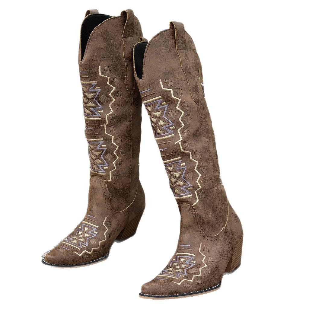 Embroidered Boots Thick Heel Western Cowboy Knight Boots High Boots European And American Pointed Boots Large Size Leather Boots
